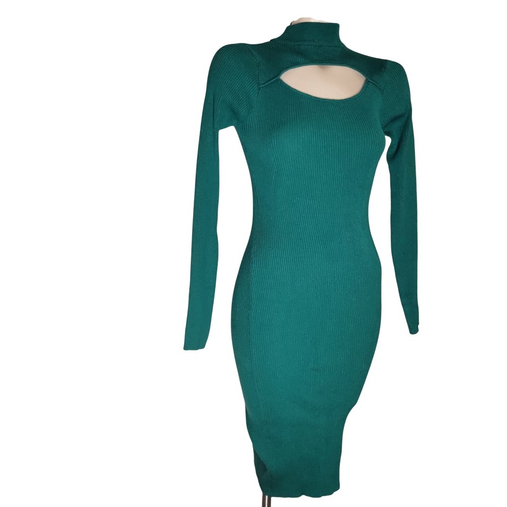 Teal Green Ribbed Mock Neck Cutout‎ Long Sleeve Bodycon Midi Dress M clubwear
